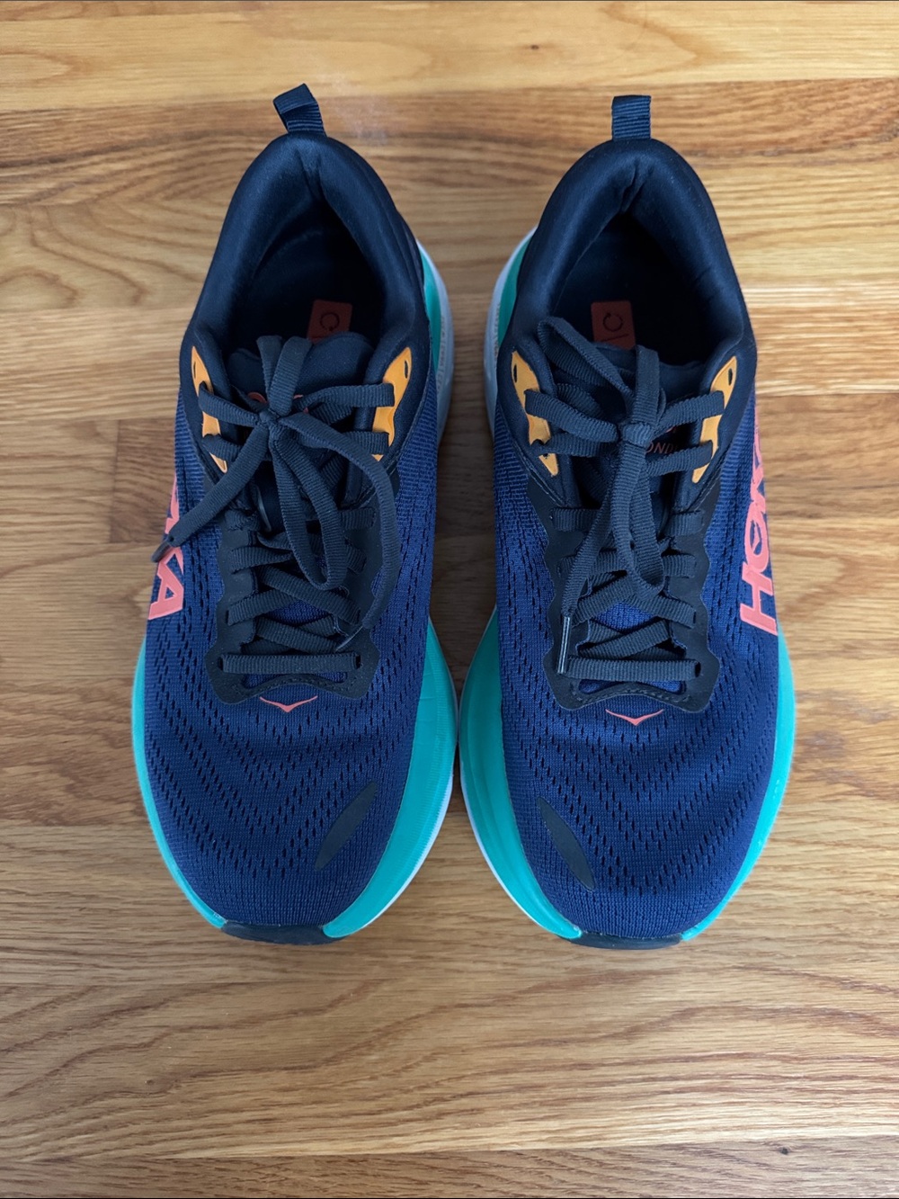 Hoka Bondi 8 Navy Shoes with Teal Midsole and Coral Logo - Picture 3 of 8